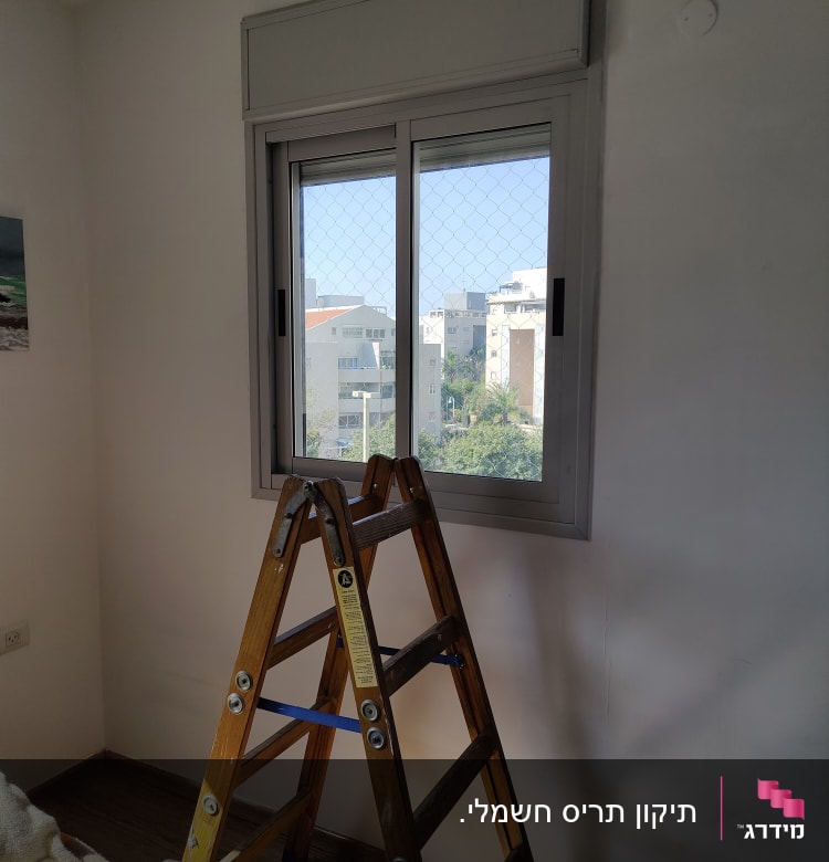 תריסים סגורים על חלון עם סולם עץ בחדר